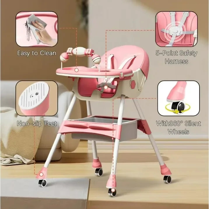 Foldable Baby High Chair 4-in-1 Foldable Reclining Feeding Table Chair Seat 7 Heights With Toyrack Easy To Clean Feeding
