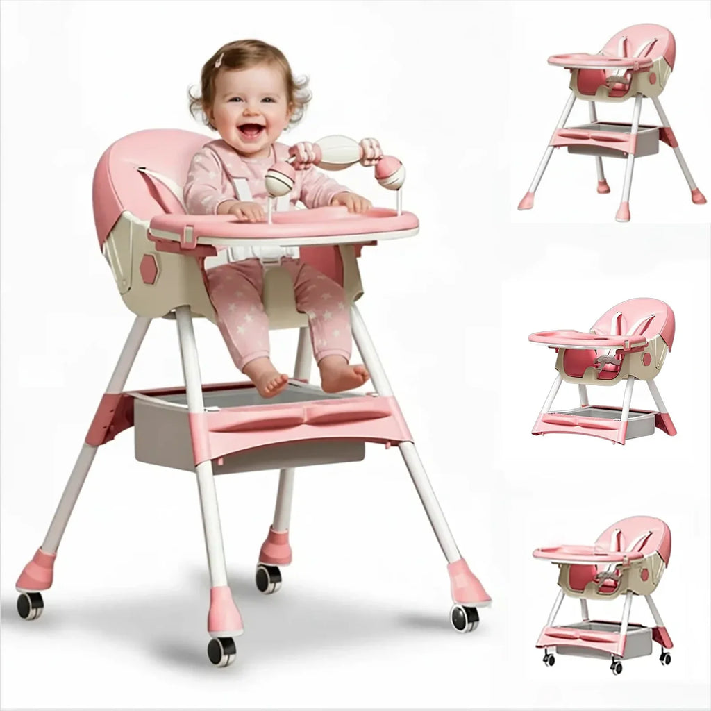 Foldable Baby High Chair 4-in-1 Foldable Reclining Feeding Table Chair Seat 7 Heights With Toyrack Easy To Clean Feeding