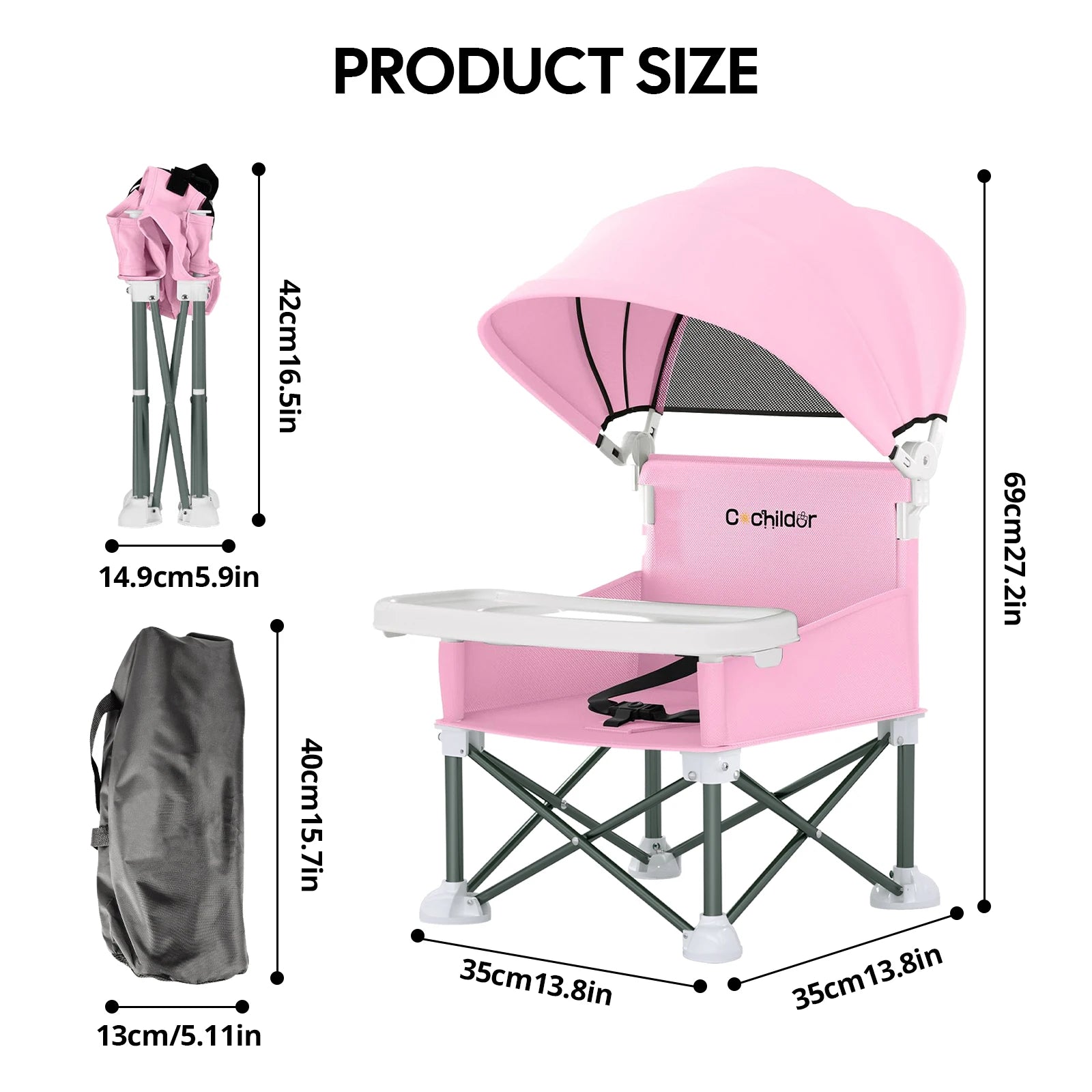 Cochildor Children's High Chair Foldable Sunshade Tray Outdoor Camping Beach Travel Baby Seat