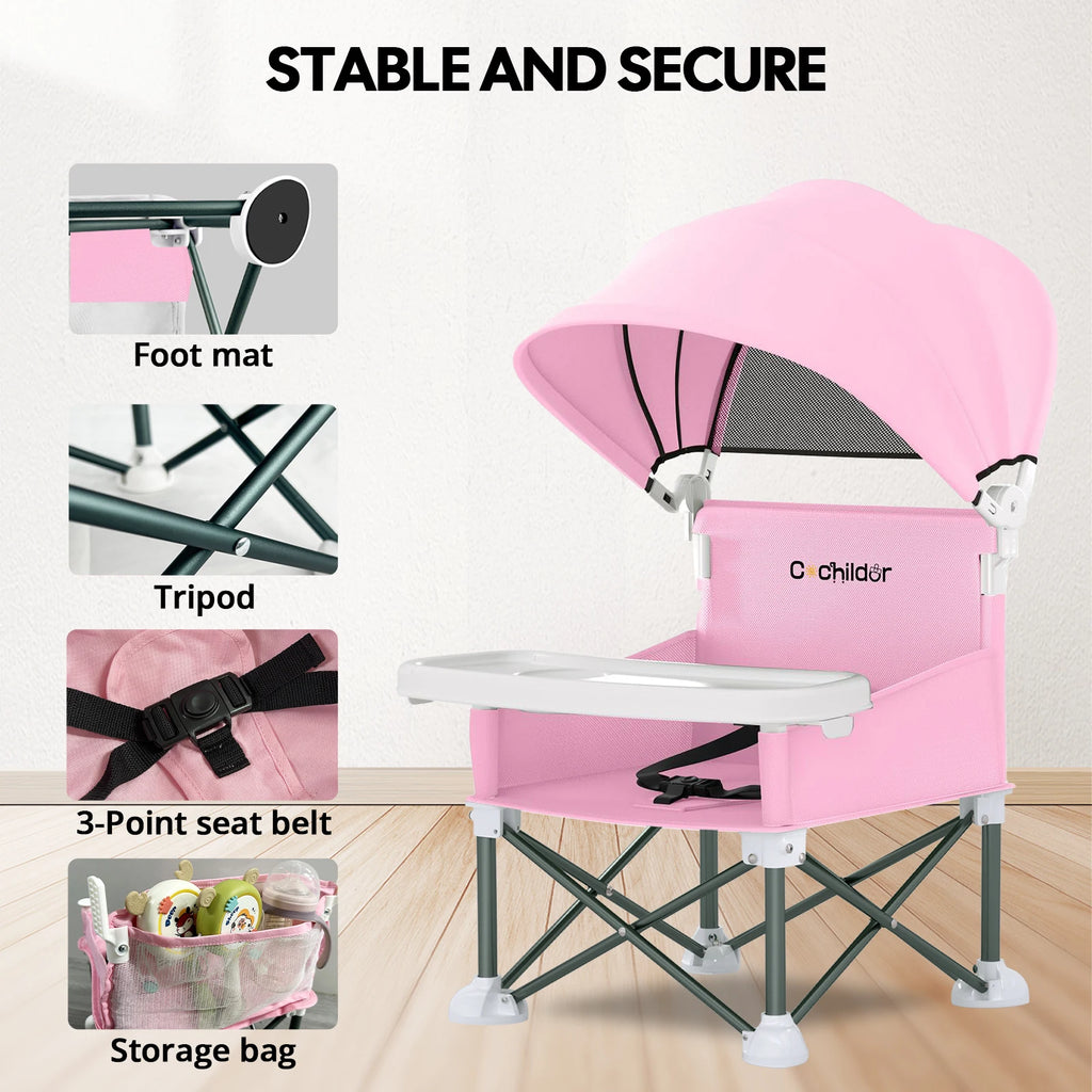 Cochildor Children's High Chair Foldable Sunshade Tray Outdoor Camping Beach Travel Baby Seat